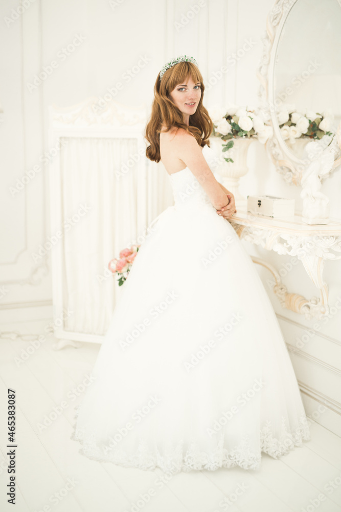 Luxury bride in white dress posing while preparing for the wedding ceremony Luxury bride in white dress posing while preparing for the wedding ceremony