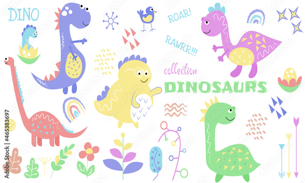 Retro doodle cartoon poster with colorful dinosaurs on white background for print design. White background. Cartoon illustration.