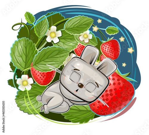 Baby Hare sleeps under a bush of strawberries. Children's illustration. Ripe berry and starry night. The baby animal fell asleep. Cartoon style landscape. Isolated on white background. Vector
