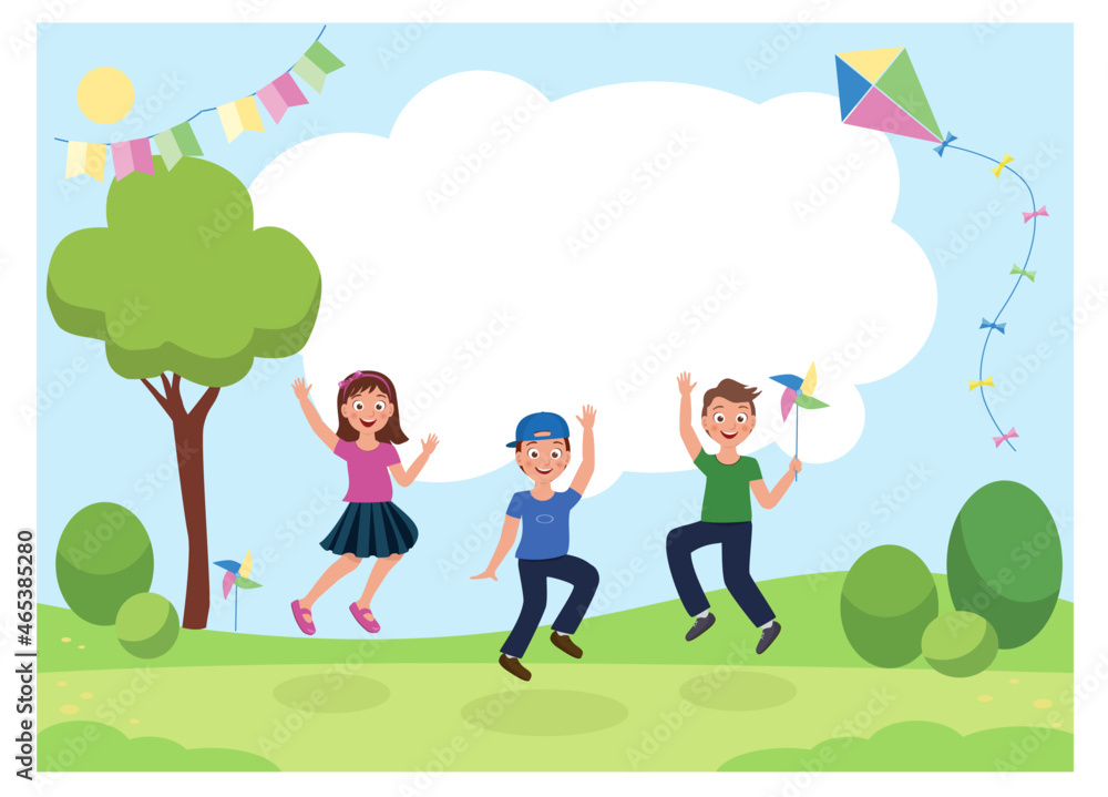 Happy kids are jumping in the park. International children's day. Place for text