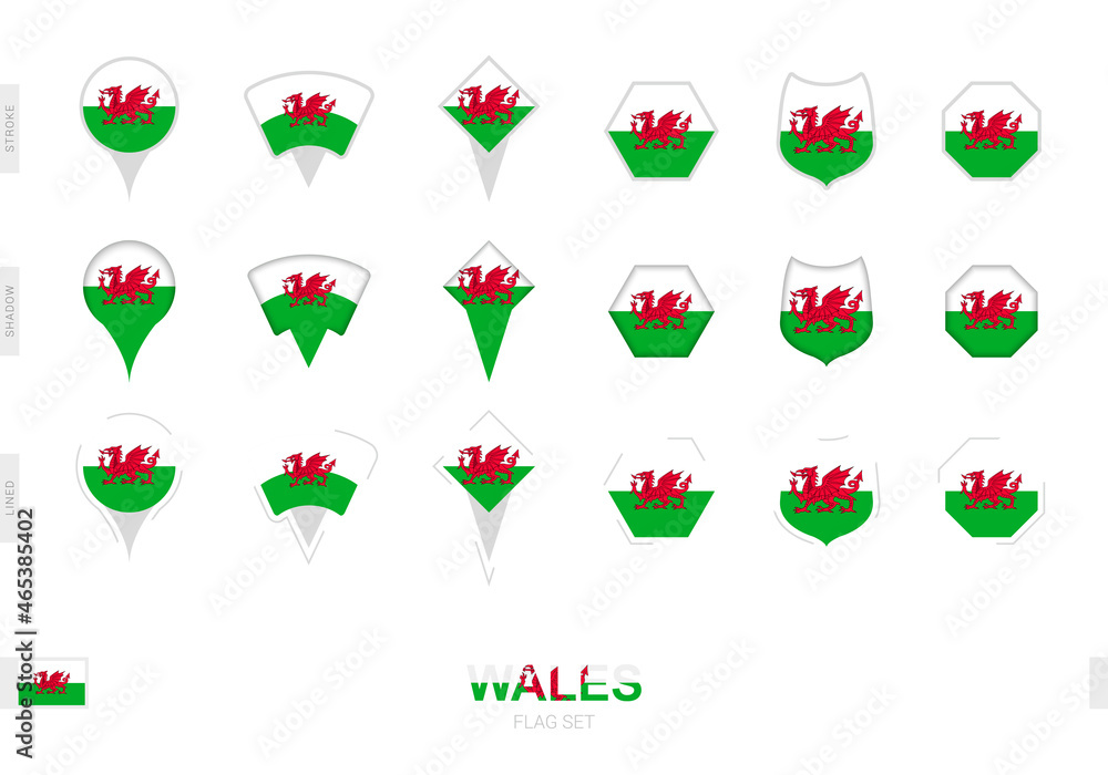 Collection of the Wales flag in different shapes and with three different effects.