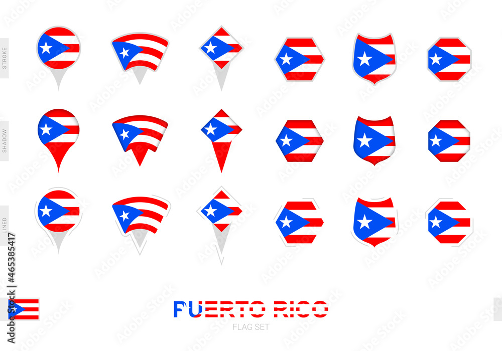Collection of the Puerto Rico flag in different shapes and with three different effects. Collection of the Puerto Rico flag in different shapes and with three different effects.