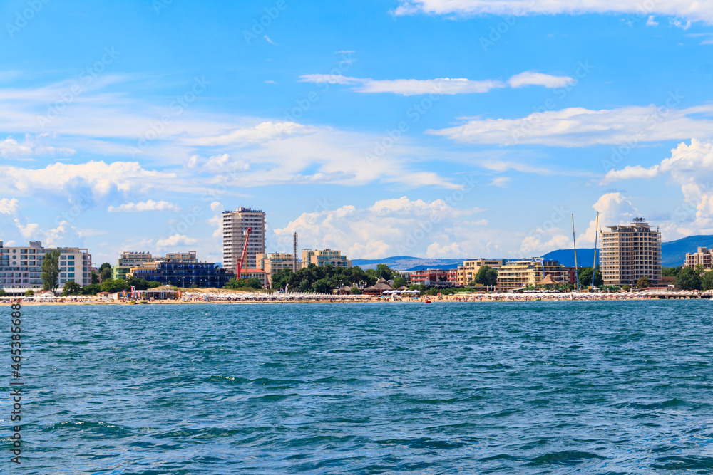 View of the Black sea and Sunny Beach resort in Bulgaria. View from a sea