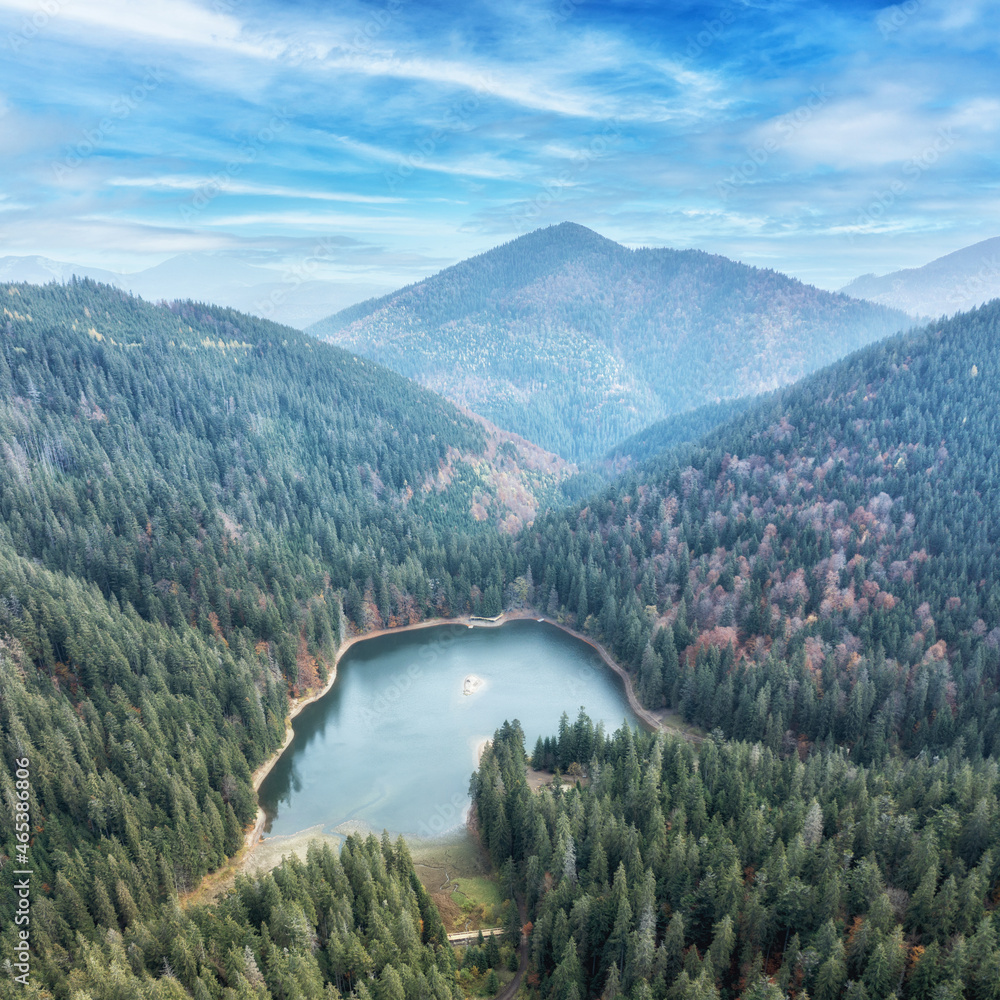 Aerial view of wild Lake Synevir in Carpathian Mountains in Ukraine. Foggy lake in summer autumn forest. Landscape photography