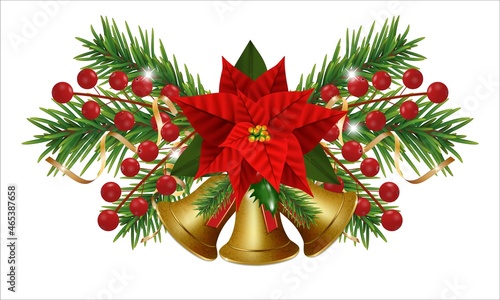 Christmas bells golden with Christmas flowers poinsettia. Happy New Year border with garland Christmas tree branches and holly berries, gold ribbons. Vector