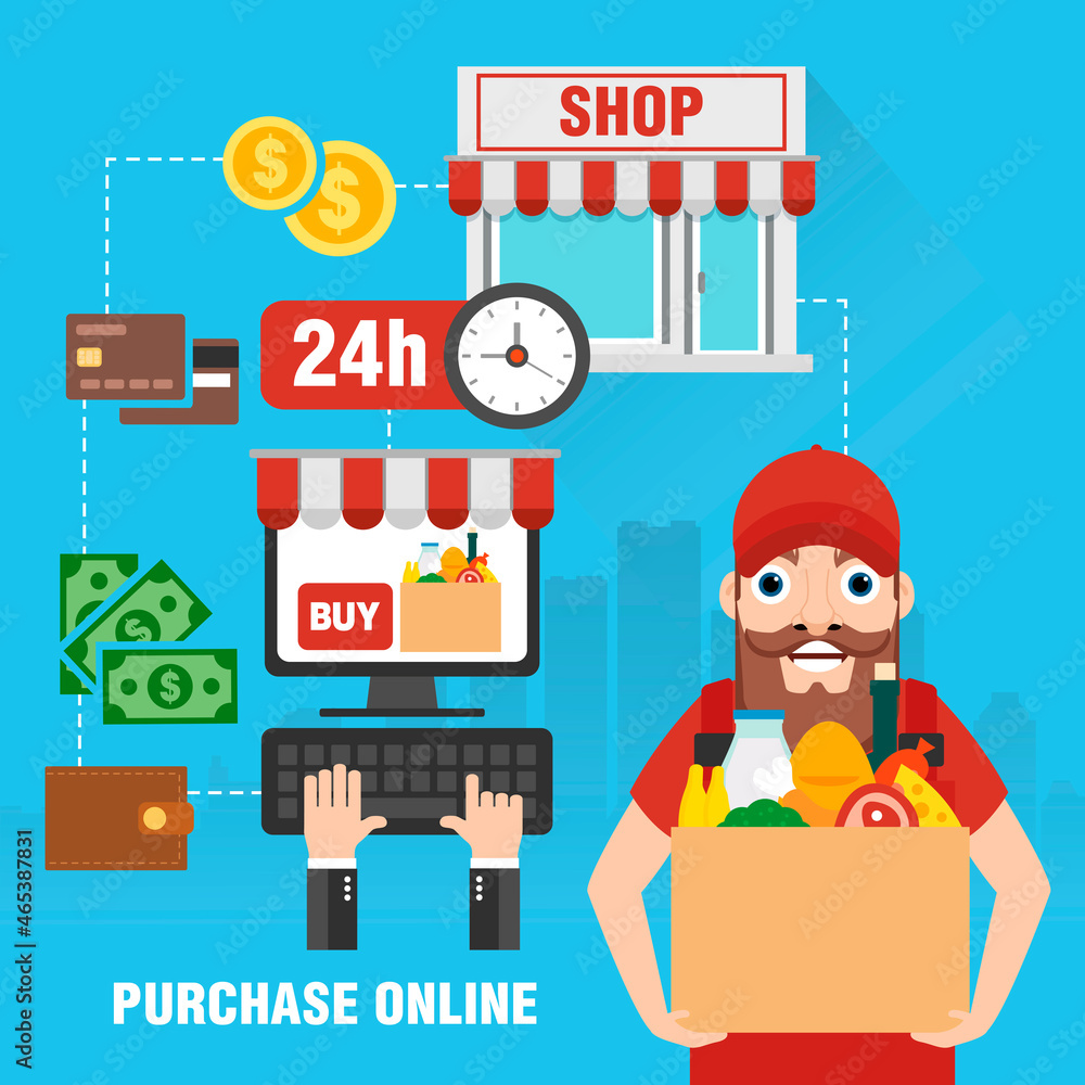 Online purchase food through a web application on a computer. Internet e-commerce. Online shopping concept design flat. Fast delivery. Vector illustration Online purchase food through a web application on a computer. Internet e-commerce. Online shopping concept design flat. Fast delivery. Vector illustration