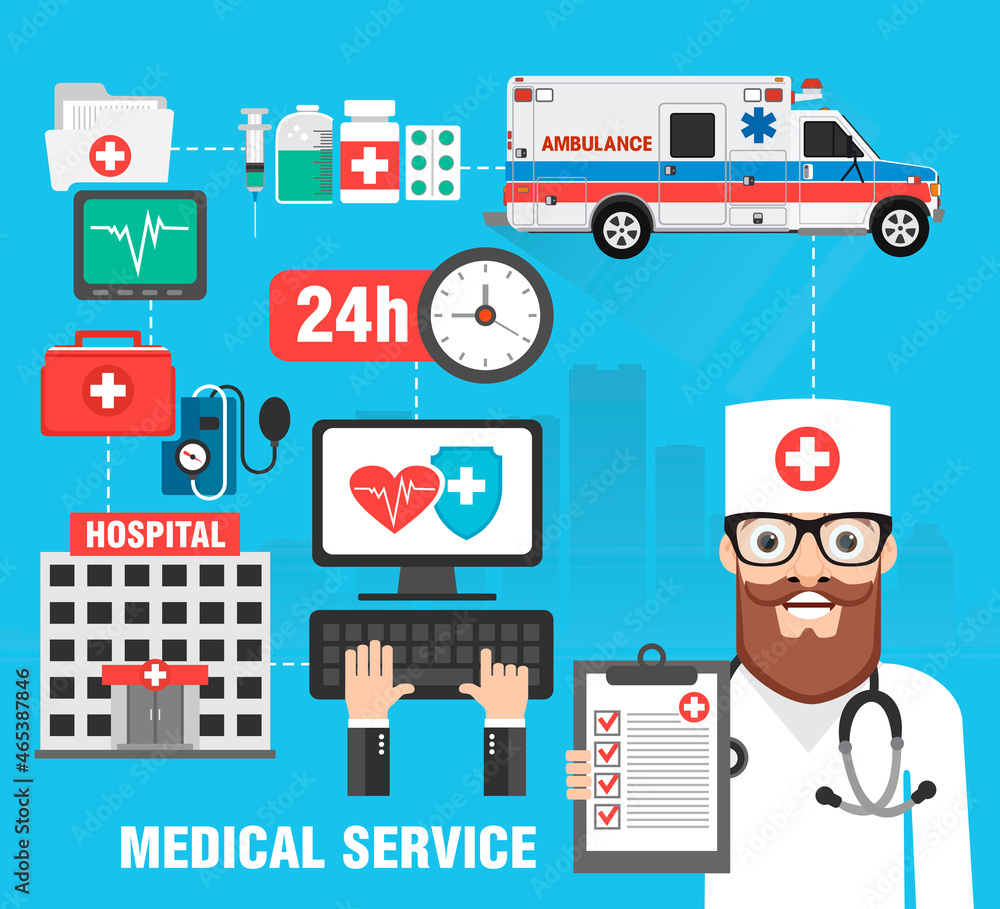 Medical service concept design flat. Medical set icon with doctor, ambulance. Medical background. Vector illustration