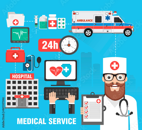 Medical service concept design flat. Medical set icon with doctor, ambulance. Medical background. Vector illustration