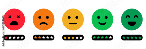Emoji Feedback Scale with Stars Icon. Level Survey of Customer Satisfaction. Customers Mood from Happy Good Face to Angry and Sad Concept. Emoticon Feedback. Isolated Vector Illustration