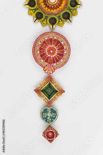 Handcrafted handmade Eco Friendly Clay Diya Deep Dia arranged as a rangoli for Diwali lakshmi pooja or puja background with copy space