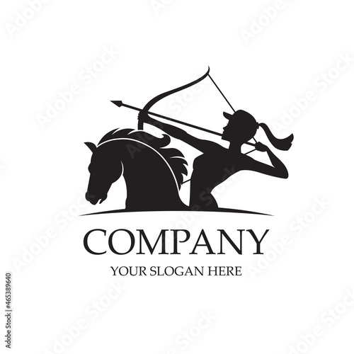 emblem of archering girl with bow and arrow on horse isolated on white background