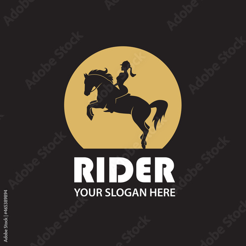 monochrome icon of horse and woman isolated on black background