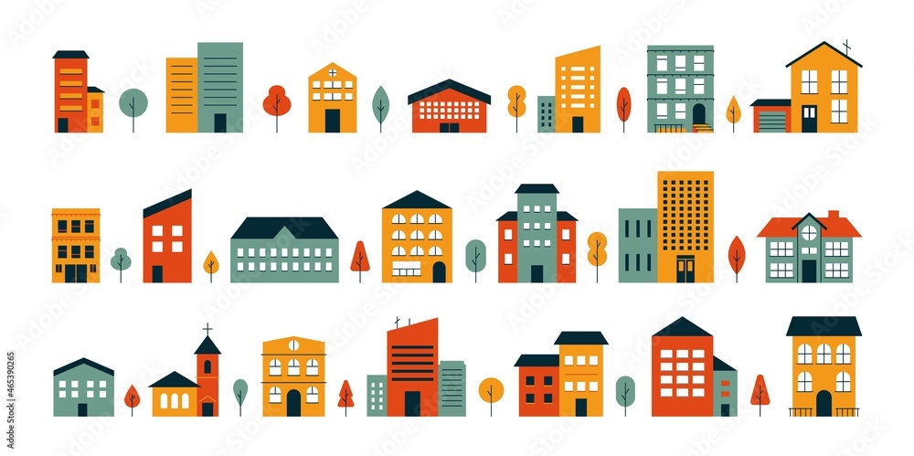 Abstract house big set. Flat colored city buildings, house exterior neighborhood icons. Vector isolated illustration