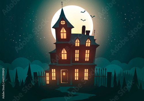 Vector Illustration Hunted Halloween House By Night