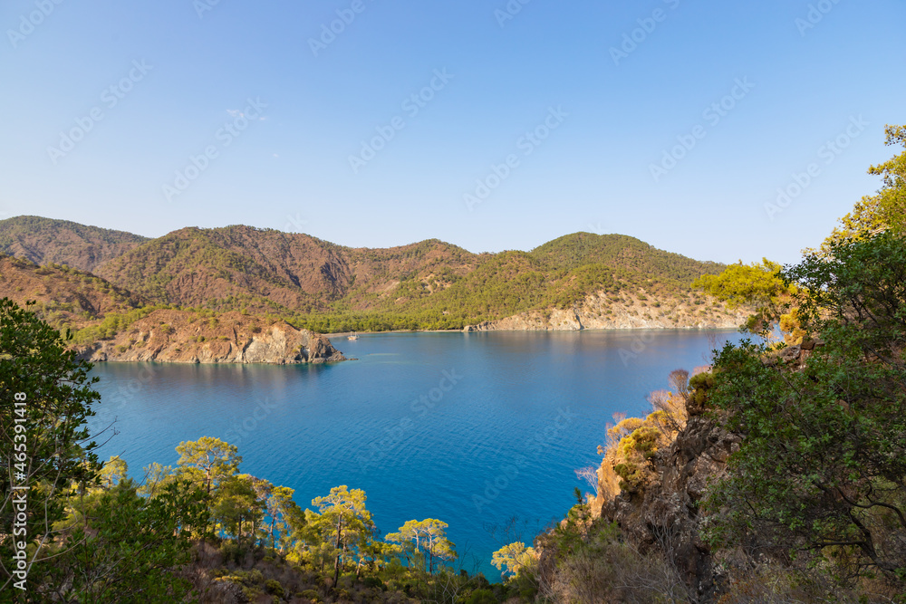 Beautiful nature landscape of Turkey coastline. View from Lycian way to small bay of Mediterrain sea. This is ancient trekking path famous among hikers.