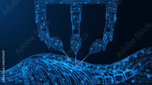 Automated surgical device. Surgery on the human spine. The use of artificial intelligence in medicine. Polygonal construction of interconnected lines and points. Blue background.