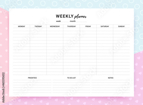 Weekly planner. Simple timetable template. Vector illustration.