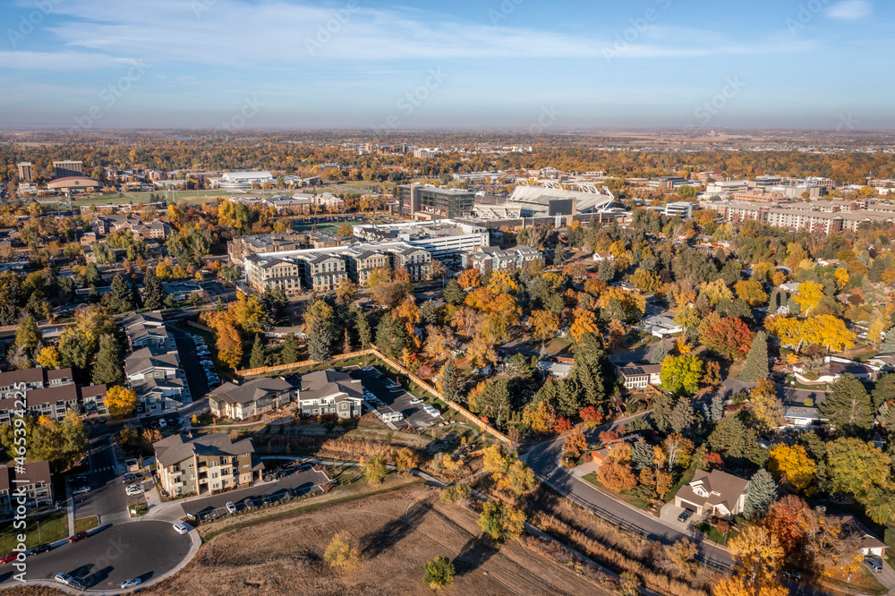 city of Fort Collins in northern Colorado, aerial view in fall scenery towards downtown and campus
