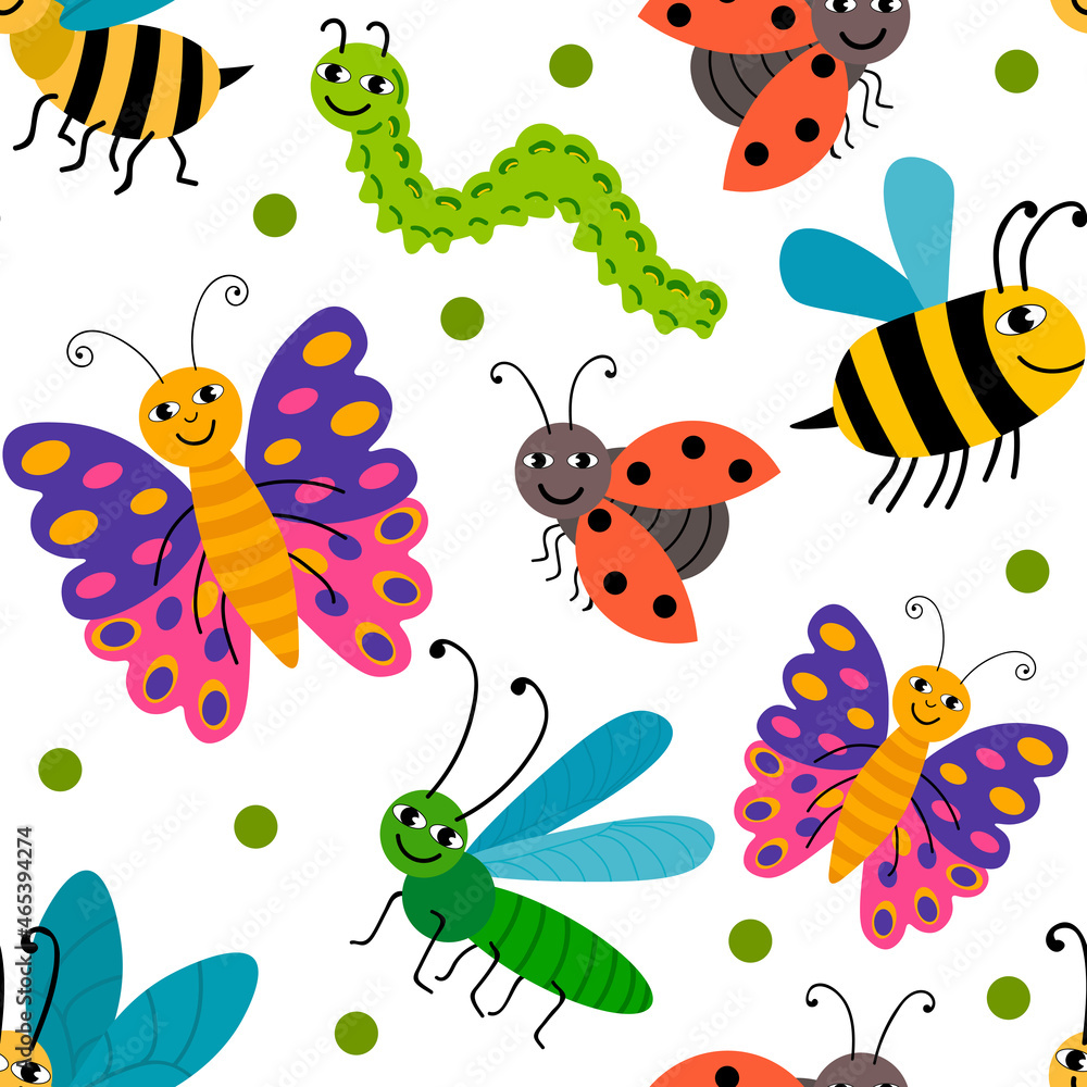 Cute cartoon smiling summer insects random seamless pattern with small dots. Cute cartoon smiling summer insects random seamless pattern with small dots.