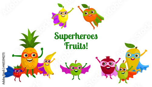 Cute happy superheroes fruits with masks and cloaks. Card with fruits characters. 