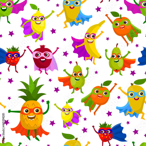 Cute superheroes fruits seamless pattern. Superpower vitamin food in flat style. Fruits characters messy background. 