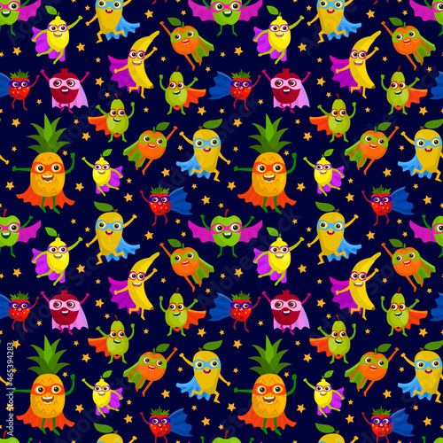 Cute superheroes fruits seamless pattern. Superpower vitamin food in flat style. Fruits characters messy background. 