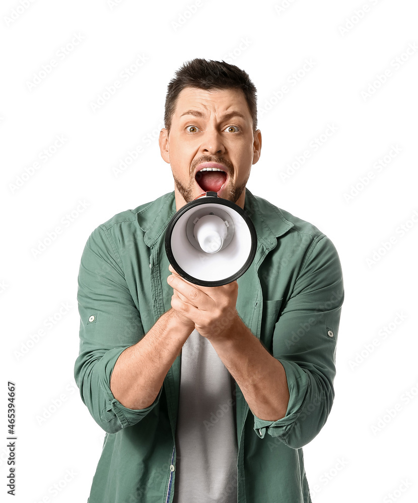 Protesting man with megaphone on white background Protesting man with megaphone on white background