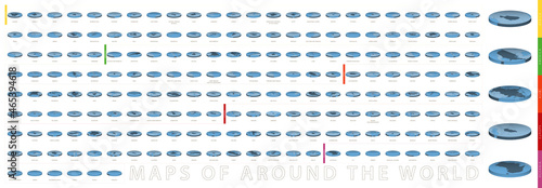 Maps of around the world in a circular isometric style, maps in a blue color palette.