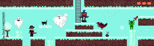 Retro video games, halloween arcade games ghosts, monsters, card background, old computer games. vector illustration	Halloween pixel game
