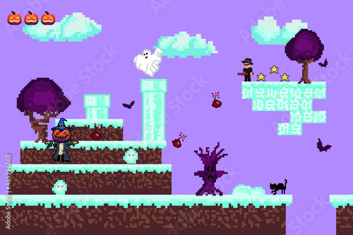 Retro video games, halloween arcade games ghosts, monsters, card background, old computer games. vector illustration	Halloween pixel game
