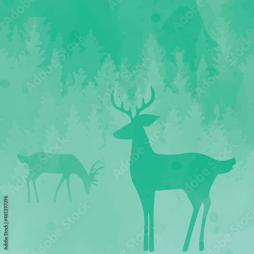 Deers in the forest vectors  winter holidays watercolor background