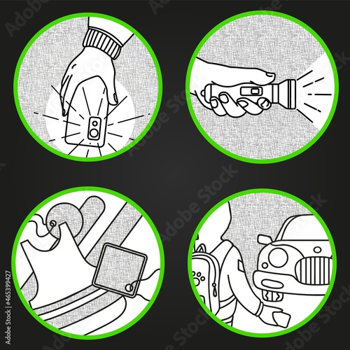 safety for pedestrians at night, traffic rules for pedestrians on unlit roadsides, use of reflective elements and flashlights, vector infographics