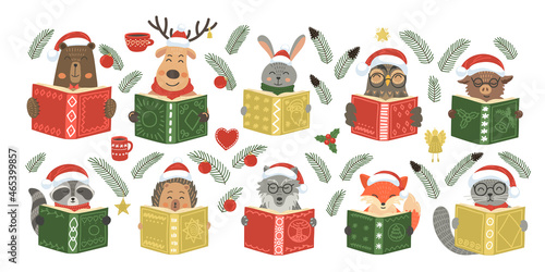 Christmas cute animals read books. Xmas story time. Set from raccoon, deer, cat, hare, fox, rabbit, bear, wolf, boar, hedgehog, owl and deer in Santa hats. Children's winter illustration.