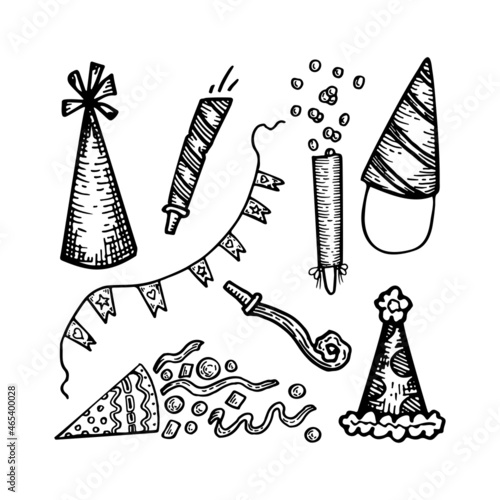 Set of birthday party caps, sound horns, garland with flags, serpentine. Decoration elements for the holiday. Hand drawn line vector illustration in doodle style.