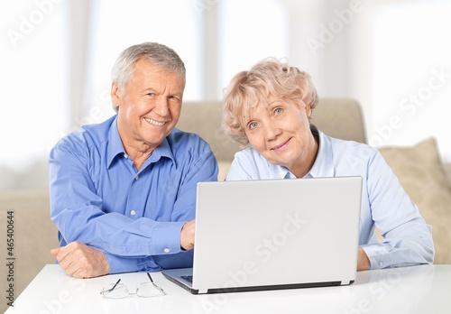 Happy mature couple using laptop sitting on sofa