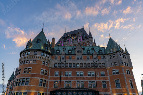 Quebec, Canada - October 20 2021 : Fairmont Le Chateau Frontenac sunset time view. Quebec City Old Town in autumn dusk.