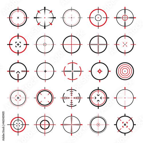 Crosshair, gun sight vector icons. Bullseye, black target or aim symbol. Military rifle scope, shooting mark sign. Targeting, aiming for a shot. Archery, hunting and sports shooting. Game UI element.