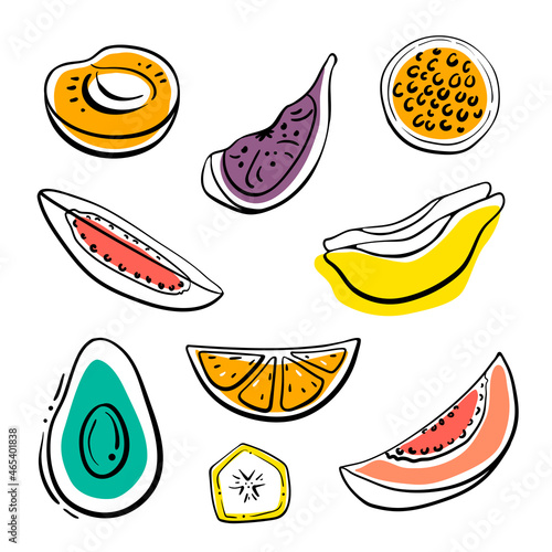 Set of fruit slices and halves. Colorful black line sketch collection isolated on white background. Doodle hand drawn fruits. Vector illustration