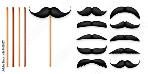 Realistic black mustache on a wooden stick. Fake paper mustache isolated on white background. Fashionable facial hair. Vintage design element. Creative vector illustration.