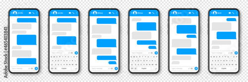 Realistic smartphone with messaging app. Blank SMS text frame. Conversation chat screen with blue message bubbles. Social media application. Vector illustration.