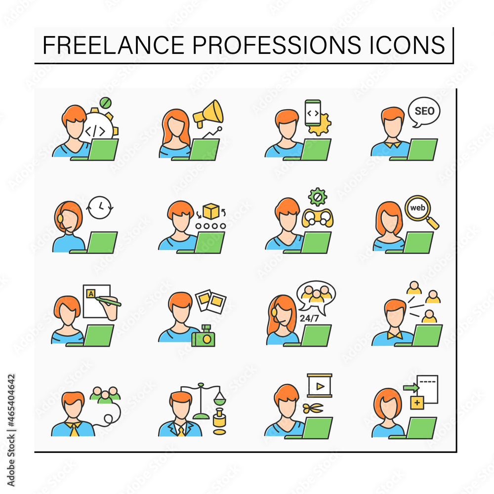 Freelance professions color icons set. Distance jobs. Online work. Careers concept, Isolated vector illustration