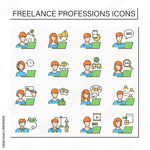 Freelance professions color icons set. Distance jobs. Online work. Careers concept, Isolated vector illustration