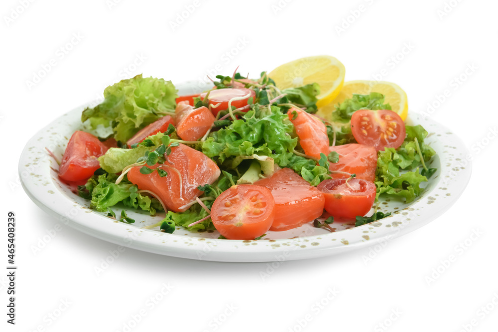 Fresh salad with fish and lemon on white background Fresh salad with fish and lemon on white background