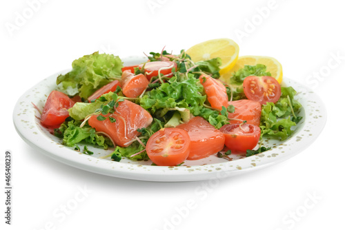Fresh salad with fish and lemon on white background
