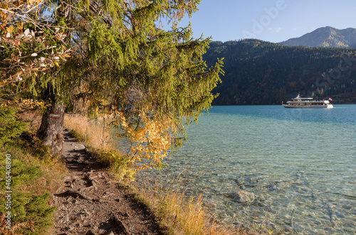 autumn walking path next to White lake in Austria