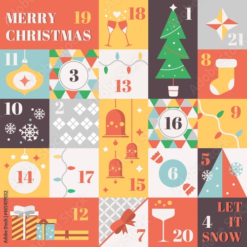 Christmas advent calendar with elements - pine, snowflakes, christmas garland and ball, socks, gifts. Merry Christmas poster. Cute winter illustration for card, poster. Set of christmas icons