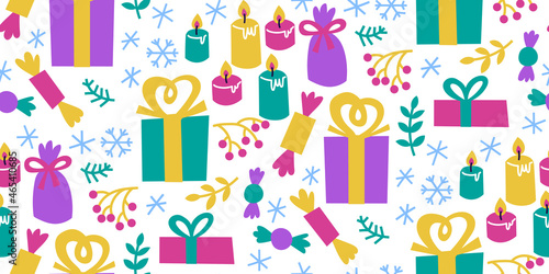 Modern winter holiday seamless pattern on white background. Gift wrapping paper. Christmas, Hannukah, inclusive holiday symbols.