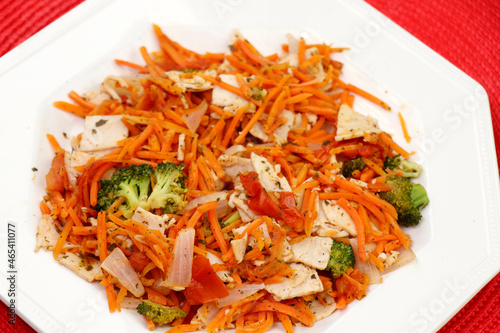 Meal of Organic Turkey with Carrot, Onion, Tomato and Broccoli