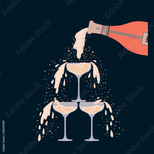 A bottle of Champagne pours a cascade of wine glasses at a party. Beautiful wedding presentation with sparkling wine. For a beautiful poster for a champagne party. Vector illustration