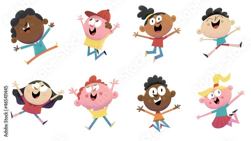 Happy Diverse Kids Boys and Girls Jumping Inclusive Cartoon Children photo